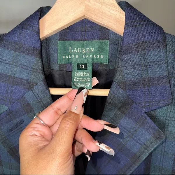Lauren Ralph Lauren 10 Blue Green Tartan Plaid Linen Blazer Gold Crest Buttons - Image 9
