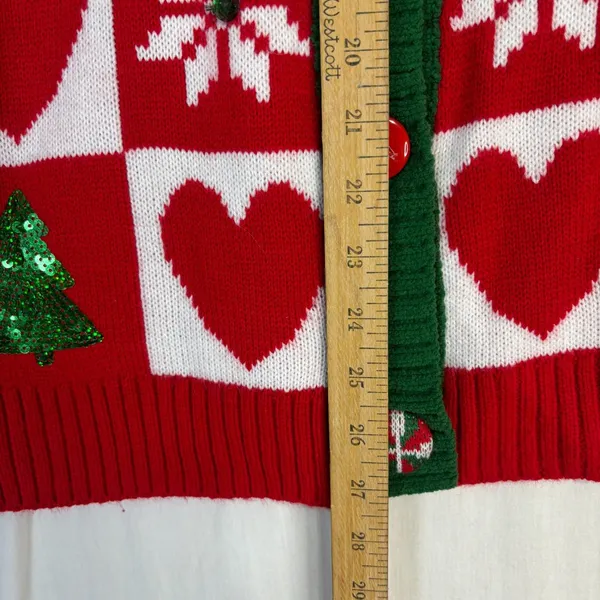 Ugly Christmas Holiday Sweater Button‎ Up Cardigan Red Sequin Trees Sz S (4-6) - Image 7