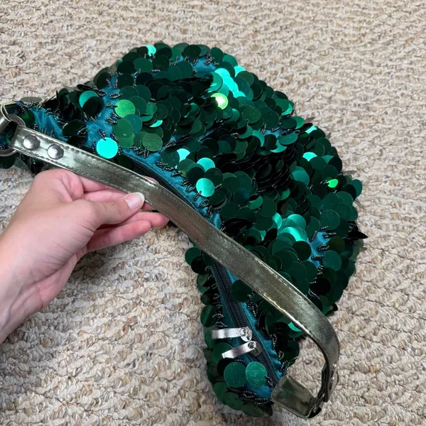 Emerald Green Large Disc Sequin Hobo Bag Metallic Gold Strap Mermaidcore Party - Image 6