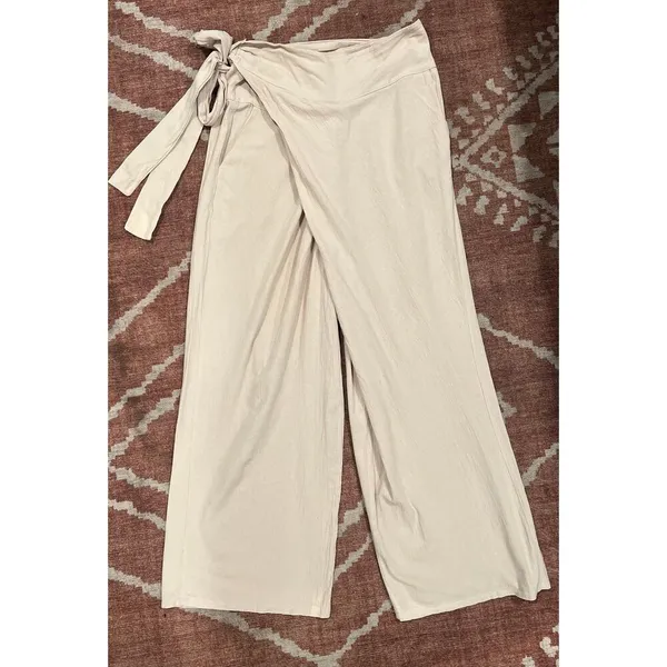 Celmia Wrap Front Wide Leg Pants Beige Breathable Cotton Large - Image 2