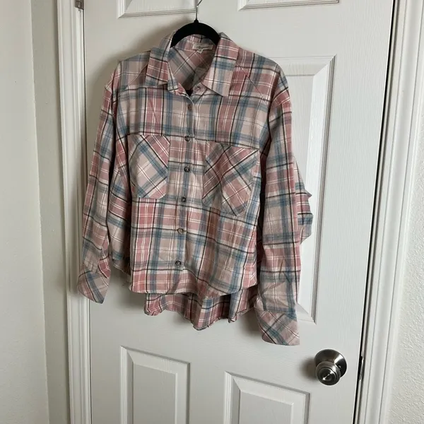 Oversized Plaid Flannel Shirt Button - Image 3