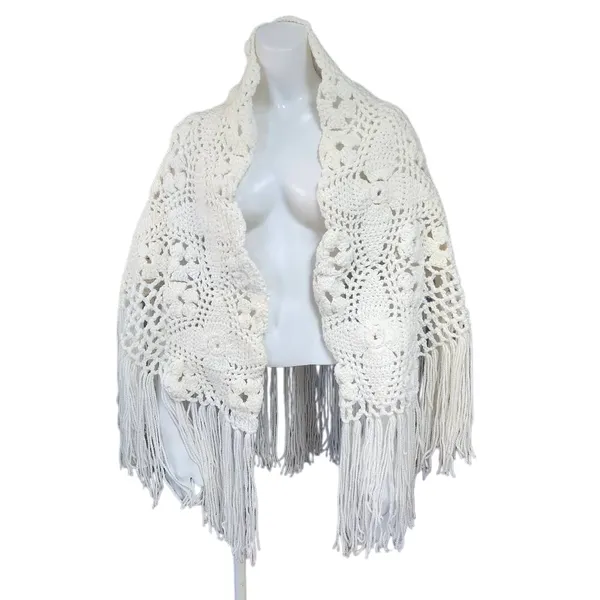 Hand Crafted Crotched Off White Fringed Hem Shawl - Image 2