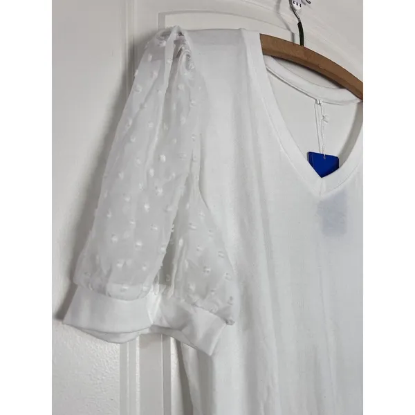 V Neck Short‎ Sleeve Puff Sleeve White Blouse Womans L Casual Loose Shirts - Image 2