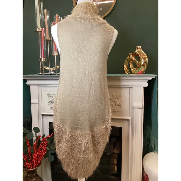 Sonny Taylor Fuzzy Knit Long‎ Vest Women Sz L Beige Open Front Shaggy Cardigan - Image 3
