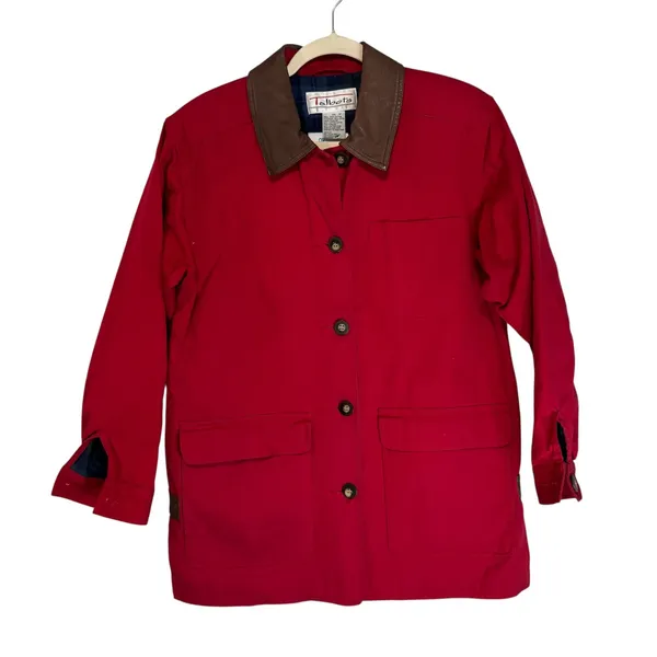 Talbots Red Cotton Barn Jacket Leather Collar Plaid Flannel Lined XS‎ - Image 2
