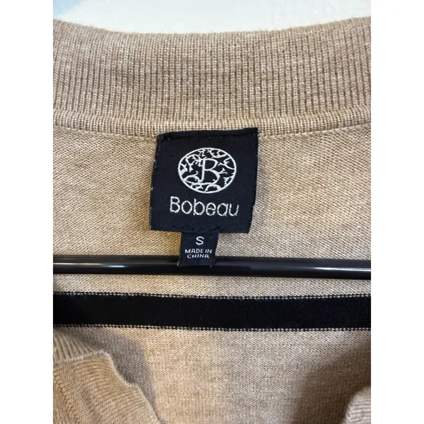 Bobeau Polo Sweater Women S Tan Black Excellent Striped V-Neck Knit Top - Image 2