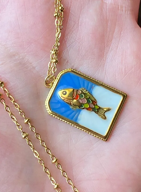 Handmade gold tone stainless steel & enamel fish necklace 🐟🌀 - Image 6
