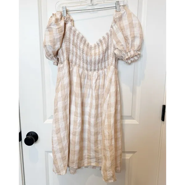 House Of Harlow Linen Gingham Smocked Milkmaid Dress XL Cottagecore Boho Prairie - Image 3