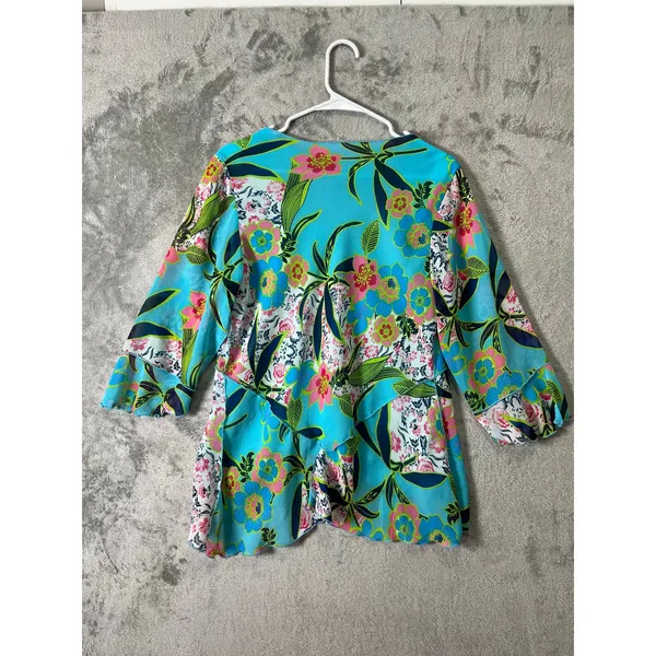 Elegancia Aqua Floral Blouse Vintage Inspired Y2K Art Girl‎ Resort Vibes Large - Image 4