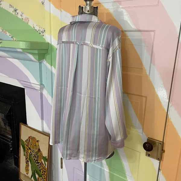 Free People Dreamy Days Satin Oversized Pastel Stripe Pajama Shirt Top XS 💛🎀 - Image 7