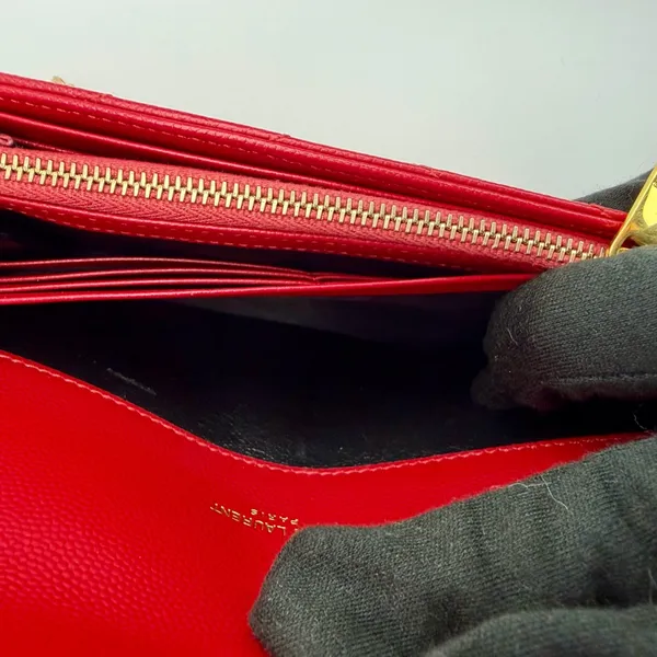Yves Saint Laurent YSL Monogram Chevron Leather Clutch Crossbody Wallet with Chain Red - Image 9
