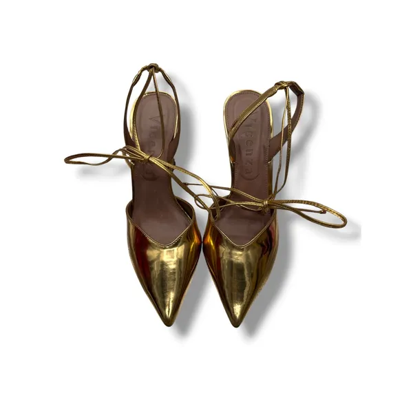 Vicenza Gold Metallic Sculptural Heel Pumps 39‎ Lace Up Pointed Toe Statement - Image 3