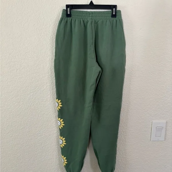 Victoria's Secret PINK Green Sunflower Smiley‎ Face Fleece Joggers Sweatpants - Image 3