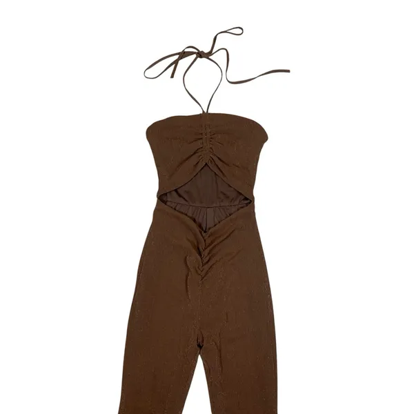 Princess Polly 4 Brown Cutout Halter Flare Jumpsuit Y2K Festival Going Out - Image 2