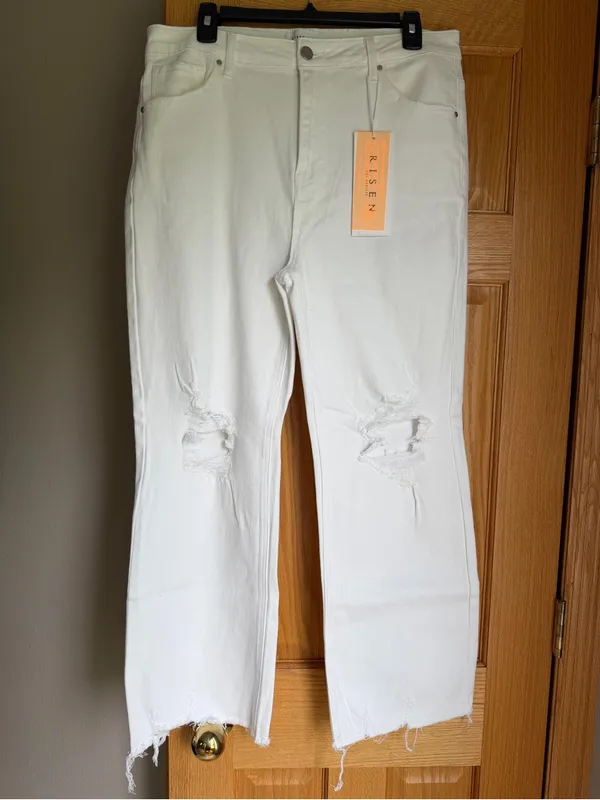 Risen Denim White Distressed Cropped Straight Leg Stretch Jeans Size 15/32 NWT - Image 2