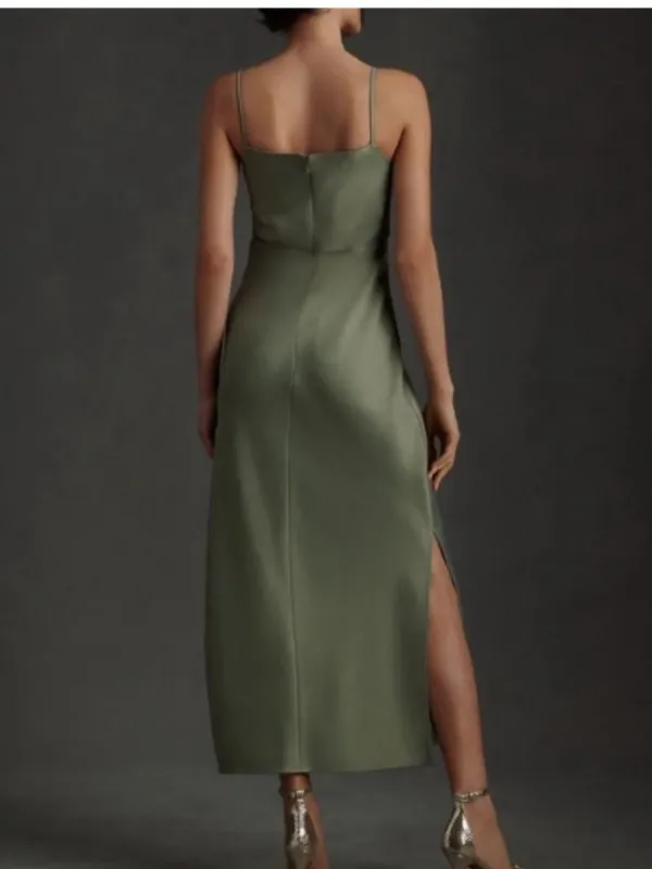 BHLDN Anthropologie Cali Satin Cowl-Neck Midi Dress in Moss Green, Size 4 - Image 9