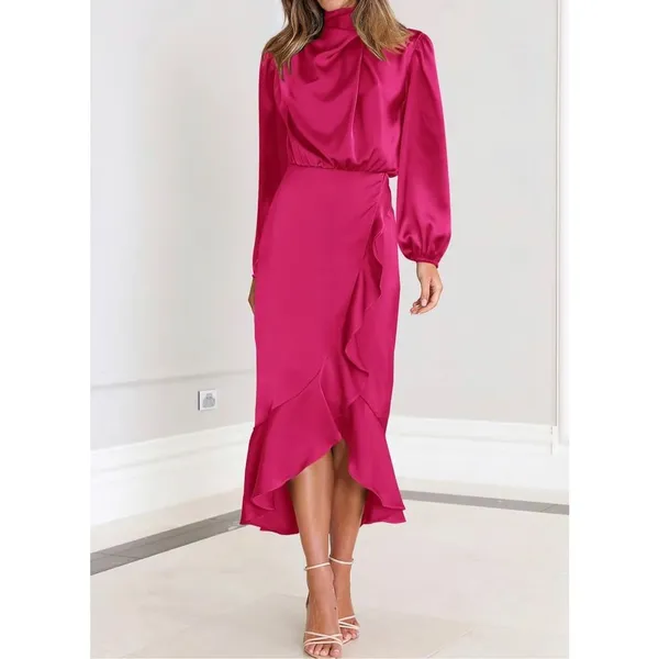 NEW Satin Mock Neck Cocktail Midi Dress Wrap Ruched Ruffle M - Image 2