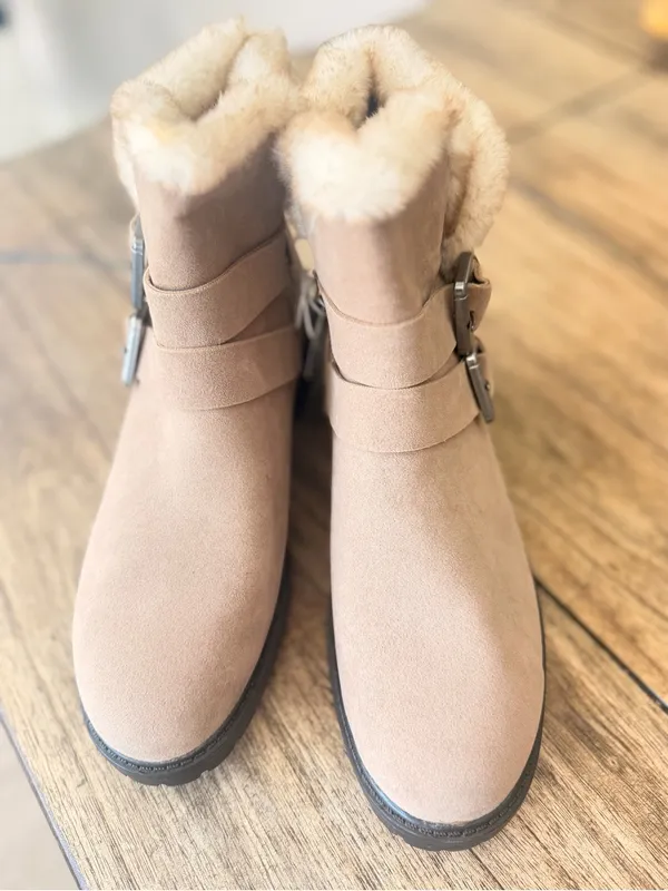 Universal Thread tan faux-suede double-buckle moto ankle boots feature a plush - Image 6