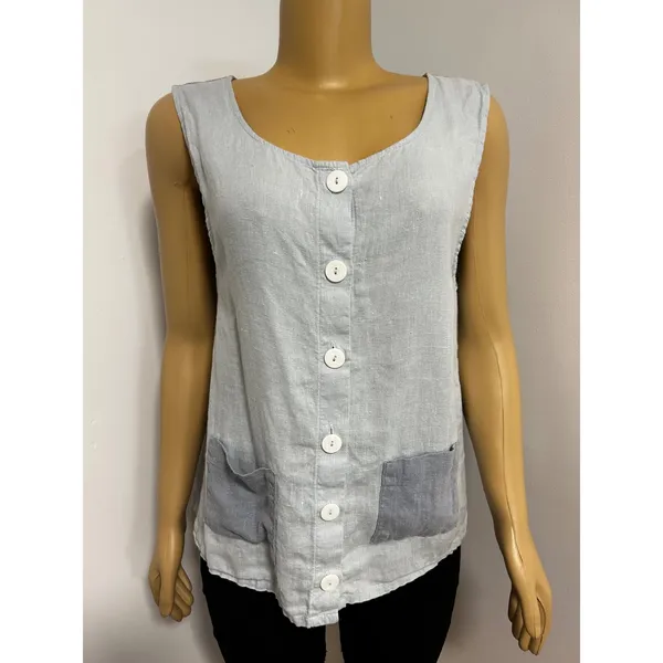 Aly Wear Womens Medium Blue 100% Linen Button Front Vest Top USA BOHO Earthy - Image 2