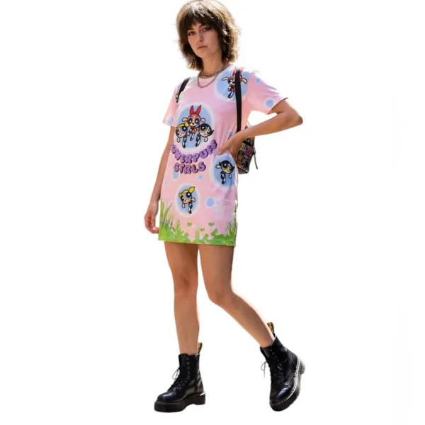 Powerpuff Girls Pink lady Vintage 90s Cotton T-shirt dress Graphic Tee Dress - Image 2