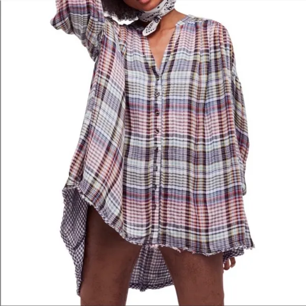 Free People Come On Over Plaid Top Oversized High Low Button‎ Front Blouse Small - Image 4