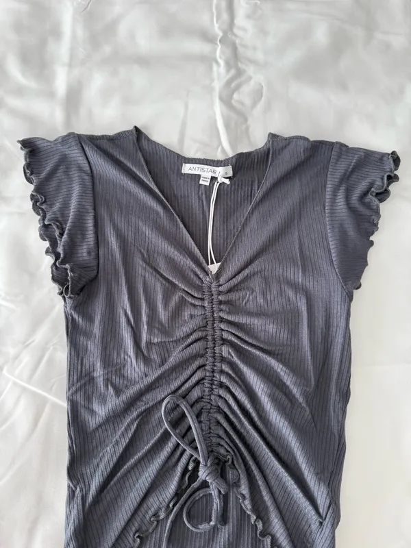 Grey Shirring Tie Detail Rib Knit Crop Top - Image 2