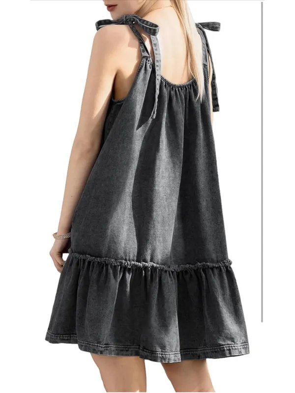 NEW Black Wash Tie Shoulder Sleeveless Denim Mini Dress S - Image 2