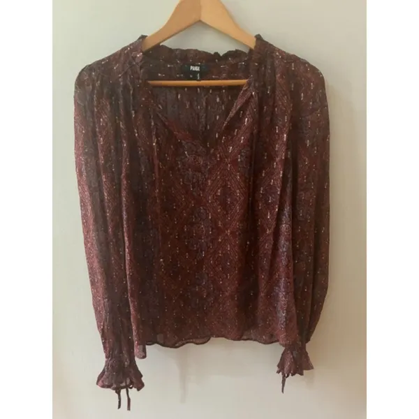 PAIGE Anthropologie Women’s M Burgundy Metallic Print Sheer Ruffle Blouse - Image 4