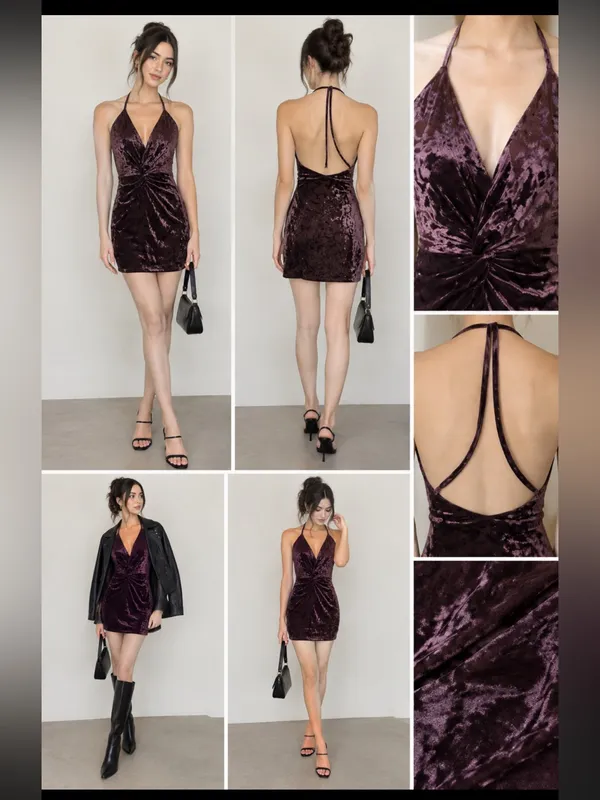 Zara NWT Deep Plum Velvet Halter Mini Dress - Image 2