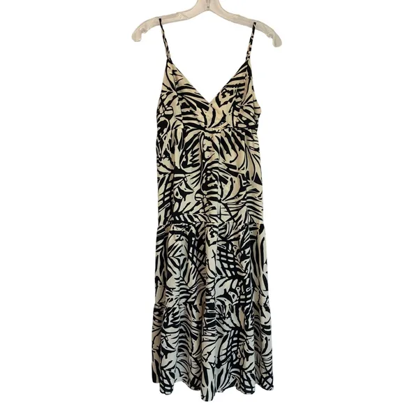 Patrons of‎ Peace Womens Black Cream Tropical Leaf Smocked Midi Dress Summer S - Image 2