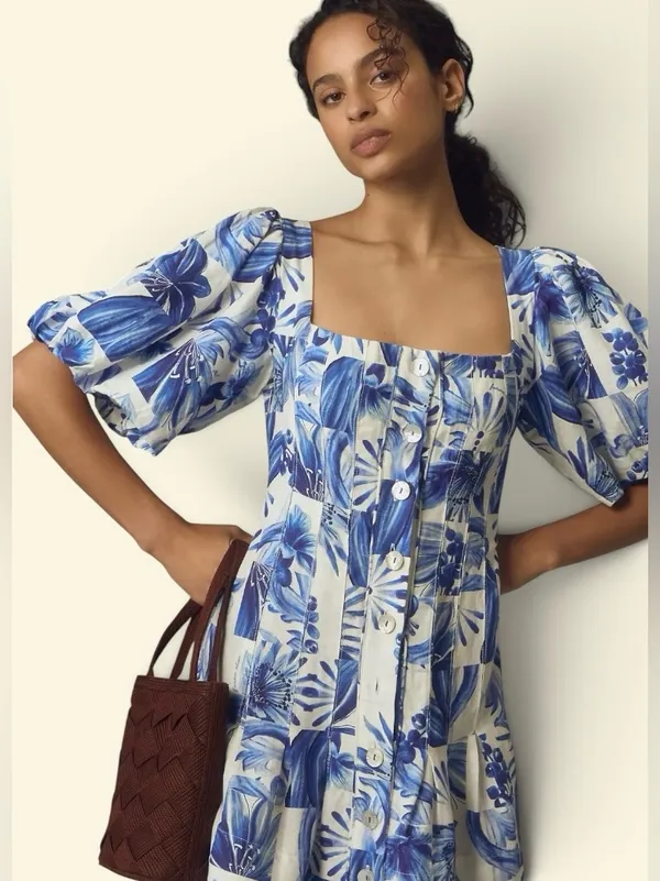 Farm Rio Garden Tiles Linen Puff Sleeves Mini Dress Size Large - Image 3