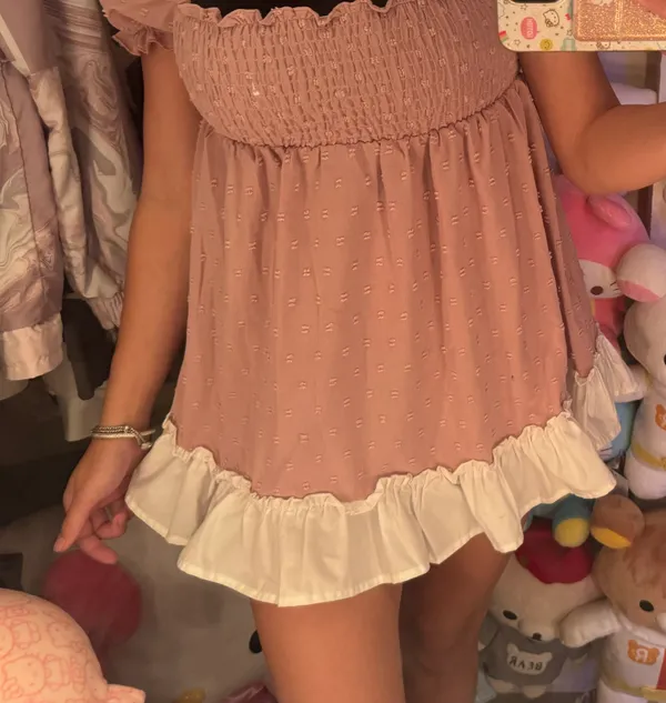 SheIn Shirred swiss dot puff sleeve frill trim dress - Image 2