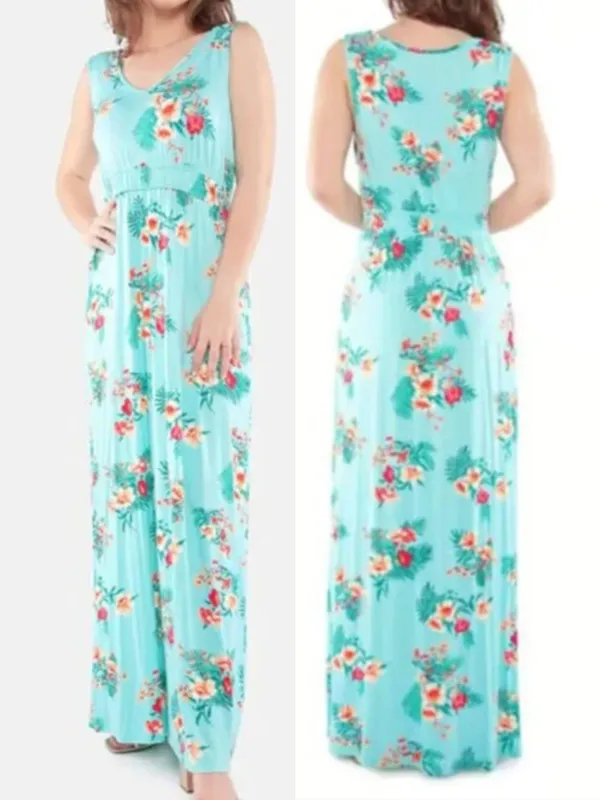 OLIVE & OAK LULUS Sleeveless Floral Maxi Dress Aqua Blue Pink Tropical Hawaiian - Image 2