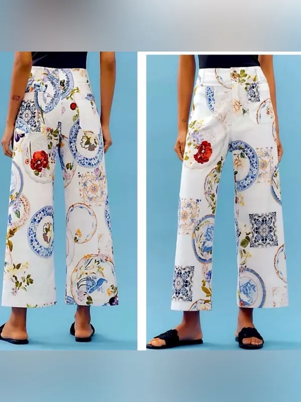 Anthropologie Maeve Colette Floral Porcelain Print Wide-Leg Pants Costal Travel - Image 2