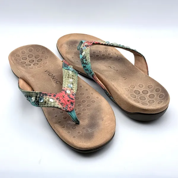 Vionic Lucia Flip Flop Women Size 11 Multicolor Snakeskin Rhinestone Orthotic - Image 8