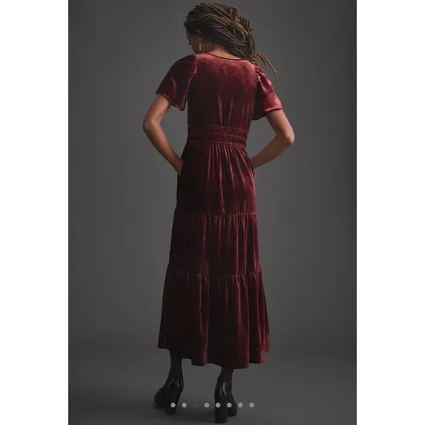 NWT by Anthropologie The Somerset Maxi in Red Maroon Velvet Edition Dress XS - Image 5