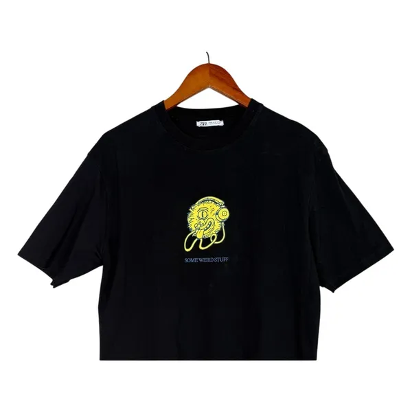 Zara Some Weird Stuff Graphic Oversized Relaxed Fit Basic T Shirt M Black Yellow - Image 5