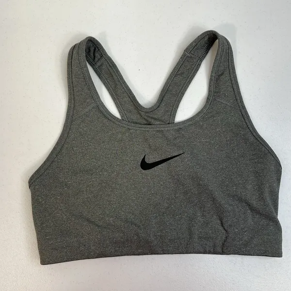 Nike M Medium Sports Bra Racerback Center Swoosh Logo Gray Black Workout Fitness - Image 3