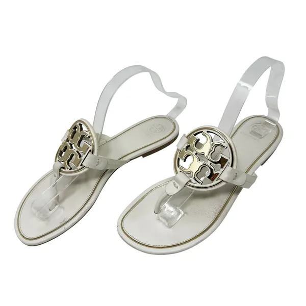 Tory Burch Miller Ivory Leather Logo Medallion Flat Sandals Size 9.5 - Image 3
