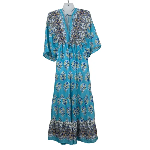 Women's Free Size Turquoise Boho Maxi Dress V-Neck Tassel Tie Kimono Sleeve‎ - Image 3