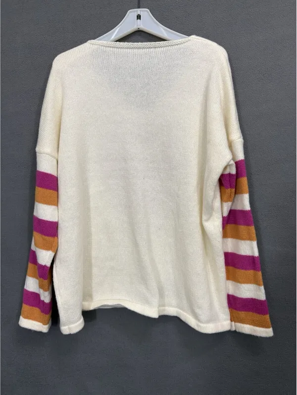 Women’s Plus 4XL Ivory Knit Pullover Sweater Crew Neck Striped Sleeves - Image 2