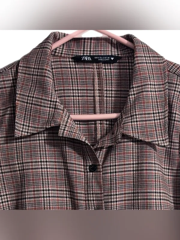 Zara Brown Plaid Check Mini Shirt Dress Womens Small Ruched Front Long Sleeve - Image 5