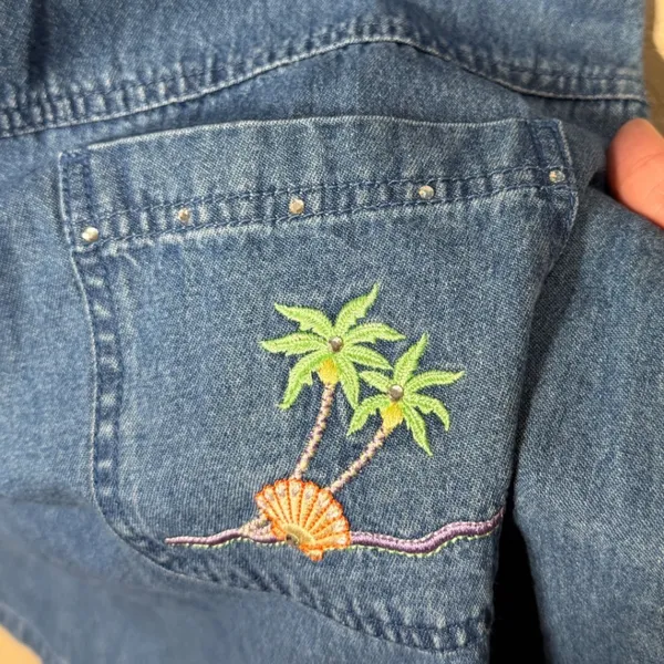 Blue‎ J Vintage Denim Shift Dress Large Tropical Palm Tree Shell Embroidery L - Image 5