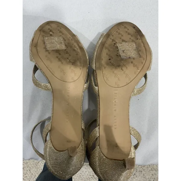 Womans Kelly & Katie Valdena 8.5 Gold Sparkly Open Toe Ankle Buckle Heel Sandal - Image 7