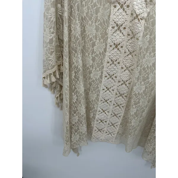 Cream Floral Lace Kimono Cover Up V-Neck Crochet‎ Tassel Fringe Plus Size Boho - Image 4