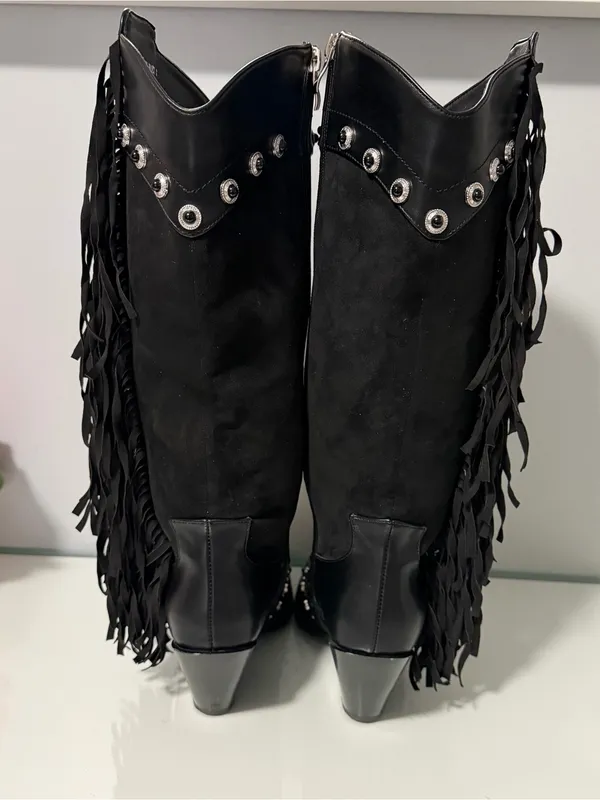 Black Fringed Western Knee-High Boots with Silver Accents - Image 3