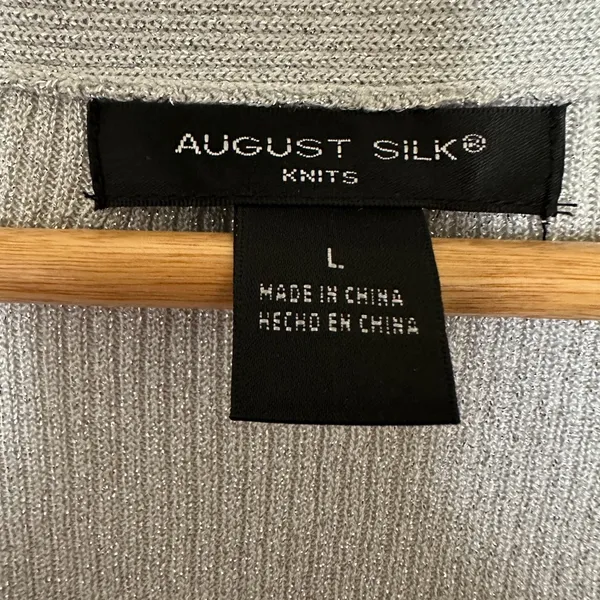 August Silk Metallic Gray Knit Top Women’s‎ Sz Large Beaded V Neck 3/4 Sleeve - Image 2