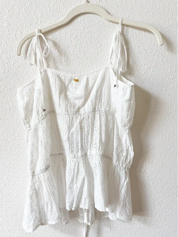 Pilyq Stacey Tiered Top White Size XS / Small Eyelet Neutral Bohemian Vacation - Image 2