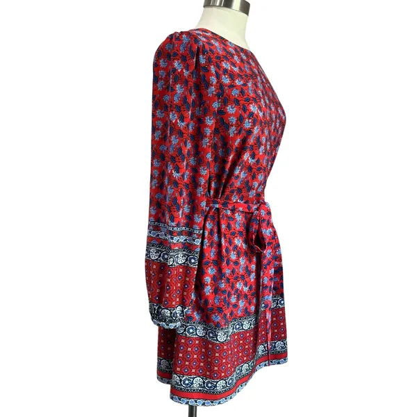 LOFT‎ Border Floral Red Long Sleeve Boho Tie Waist Dress Size XS - Image 3