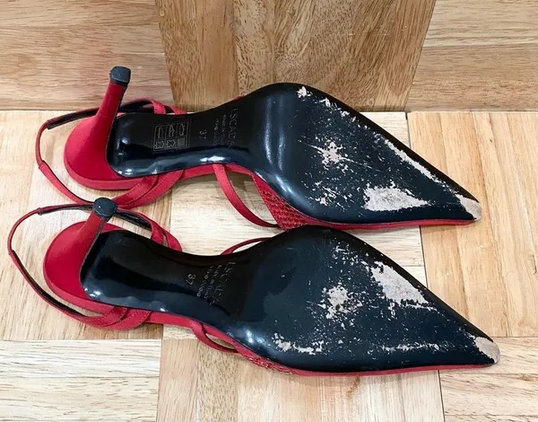 Vintage ESCADA Red Satin Embellished Pointy Toe Sling Back High Heels Pump 37 - Image 13